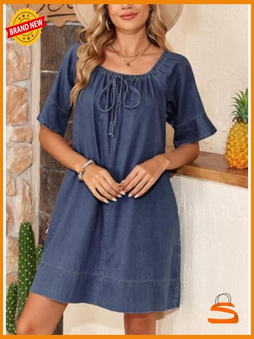 Lightweight Flowy Denim Dress Square Neck Short Sleeve Tie Knot Front - Picture 5 of 7